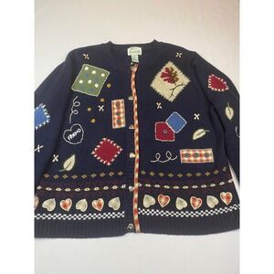 Vtg The Quacker Factory Size 1X Patchwork Applique Cardigan Sweater Ramie Cotton